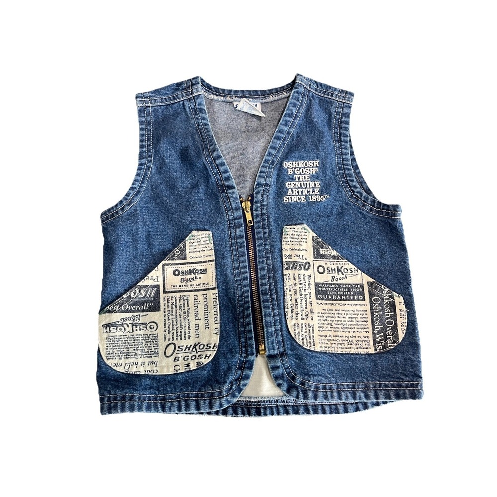 Vtg Oshkosh B'Gosh Denim Vest Kids Size 5 Newspaper Print Pocket And Detail